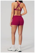 Women Two Piece Gym Yoga Sets Back Cross Sports Bra Pleate High Waist Short Fitness Suit Outdoor Running Camisole Tops Outfits
