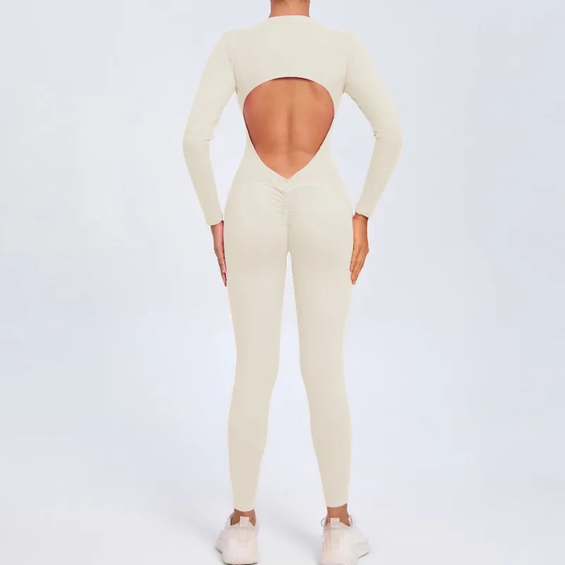 Women's Seamless Yoga Bodysuit Long Sleeve Zipper & Back Cutout Naked Feeling Quick-Dry Running Fitness Workout Jumpsuit