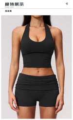 2PCS Yoga Set Women V-neck Cross Neck Shock-absorbing Sports Vest Workout Pleate Flip High Waist Shorts Gym Runing Fitness Suits