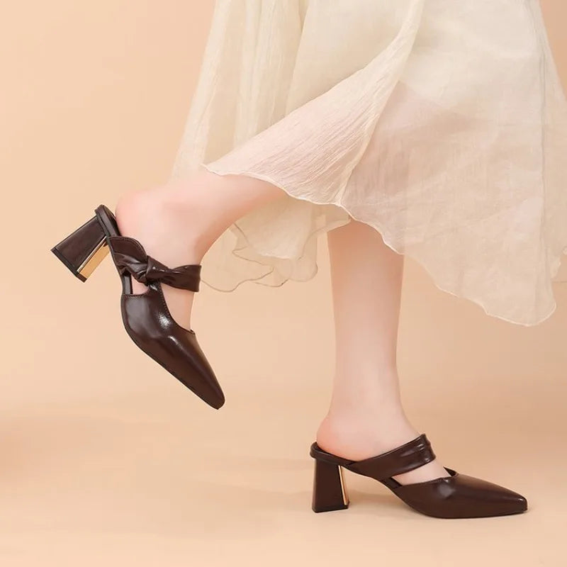 Pointed Toe Women's Slippers High Heels Shoes Woman Sandals 2026 Summer Elegant Chunky Shoes Slingback Flip Flops