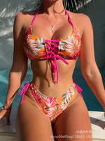 New Cross-Strap Split Beach Sets Women's European & American Sexy Print Bikini Set for Foreign Trade Fashion Swimsuits