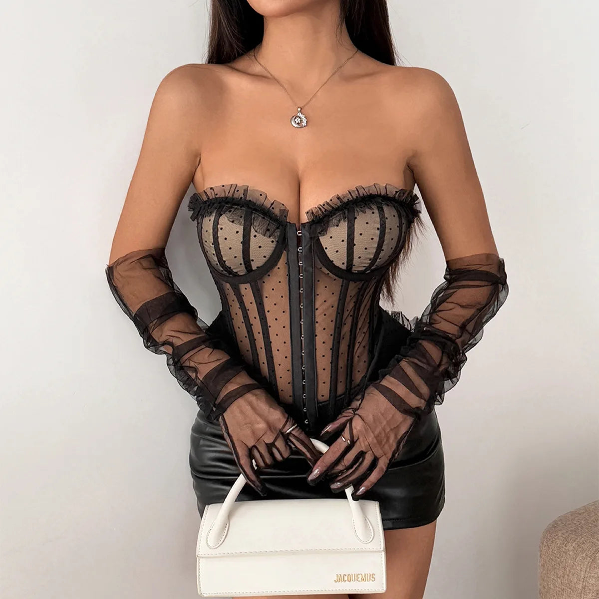 Women Corset Vest Sexy See Through Dot Print Lace Trim Club Wear Fishbone Tank Top Strapless Buckle Tie Rope Perspective Tops