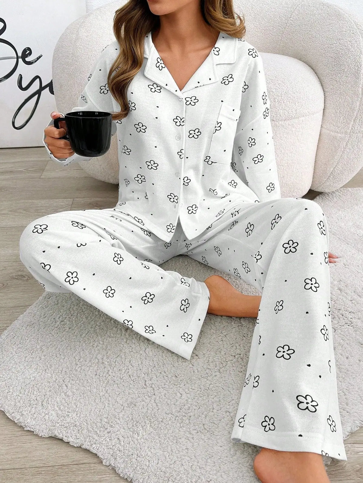 Autumn Winter Floral Printed 2 Piece Pajamas Set Women Soft Long Sleeve T-shirt Tops and Pants Homewear Nightwear Sleepwear