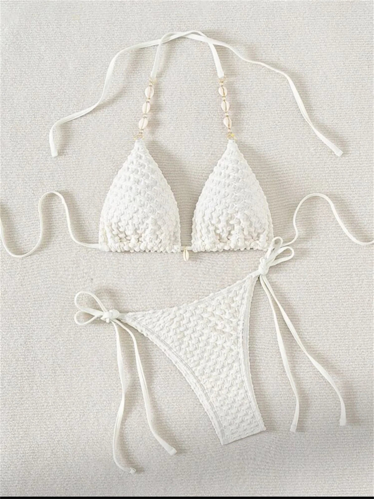 Sexy White Shell String Bikini 2026 Women Luxury Push Up Bra Tie Side Thong Swimsuit Brazilian Beach Bathing Suit Micro Swimwear