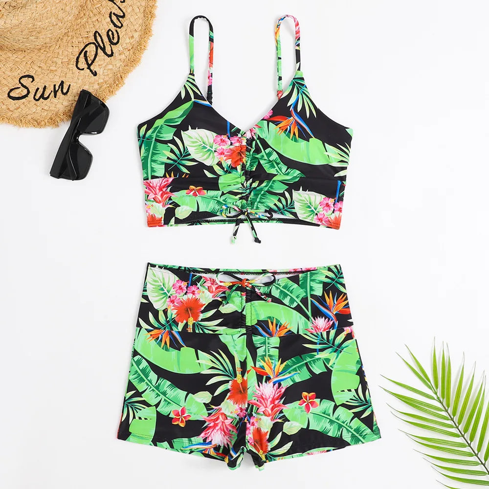 High Waist Bikini Swimsuit Women 2024 Floral Print Swim Suits Drawstring Front Shorts Boxers Swimwear Trunks Pool Bathing Suit