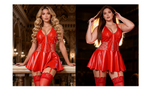 Red PU Leather Lace Babydoll Dress for Women Deep V Backless Suspender Garter Belt Mini Clubwear Plus Size S-2XL