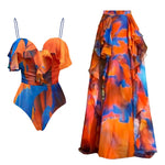 Vintage Orange Gradient Swimwear Women Ruffles Pleate Skirt Sets 2026 Bandeau Push Up Padded Slim Holiday One Piece Swimsuit