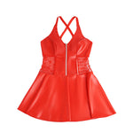 Red PU Leather Lace Babydoll Dress for Women Deep V Backless Suspender Garter Belt Mini Clubwear Plus Size S-2XL