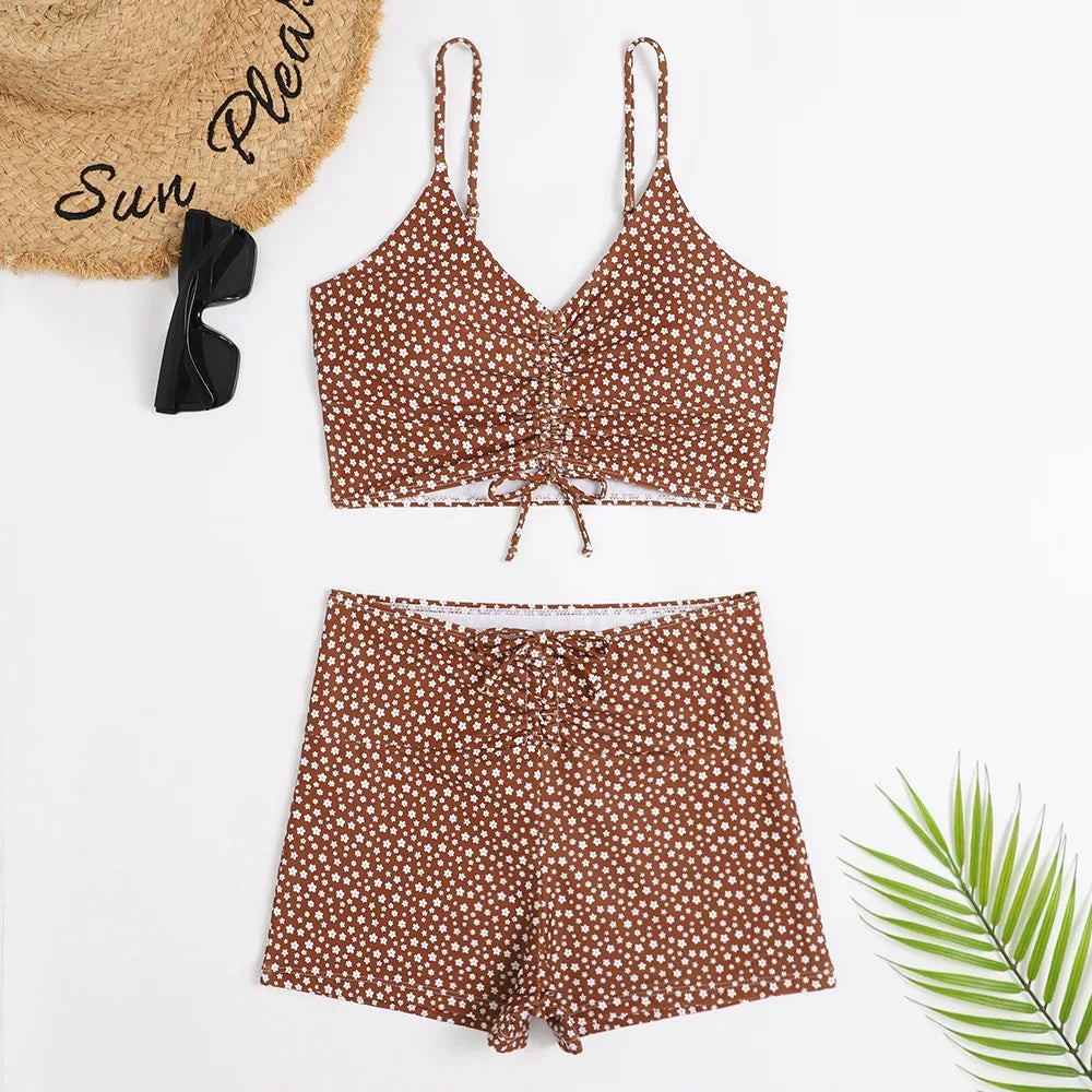 High Waist Bikini Swimsuit Women 2024 Floral Print Swim Suits Drawstring Front Shorts Boxers Swimwear Trunks Pool Bathing Suit
