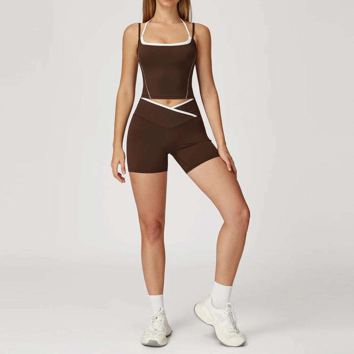 Yoga Shorts Sets Fake Two Piece Hanging Neck Shockproof Vest High Waist Pants Fitness Suit Breathable Women's Tight Sports Set