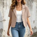 Women Cropped Short Sleeve Blazer Jacket Lapel Collar Buttons Loose Solid Suit Coat Summer Casual Office Outerwear With Pocket