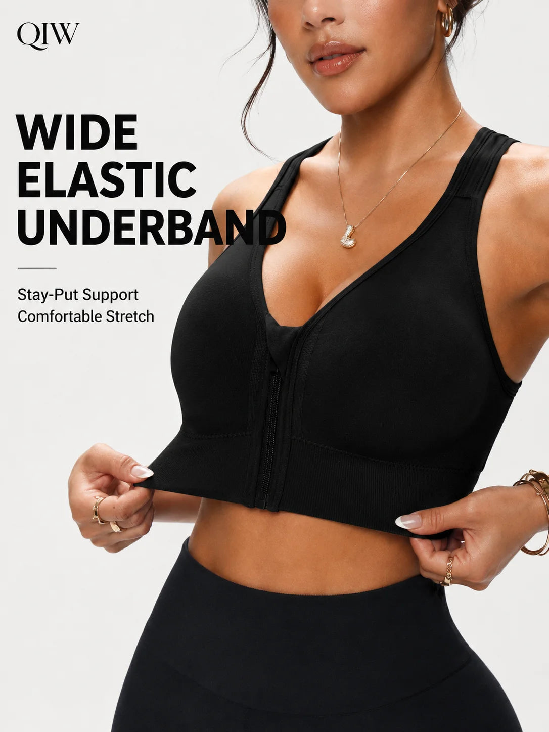QIW Women's Zip Front Solid Color Sports Bra, Crisscross Back Wireless Bra, Removable Padded Comfort Everyday Workout Bra