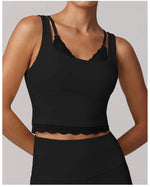 Sexy Fake Two-piece Yoga Tank Top Naked Feel Lace Trim V Neck High Stretch with Bra Pads Gym Running Fitness Dance Tank Top