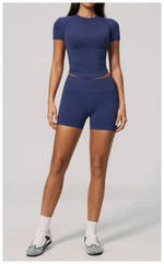 Seamless Yoga Sets Women Short Sleeve O Neck Slim Sports T Shirts Gym Outfits Abdominal Compression Shorts Running Fitness Suit
