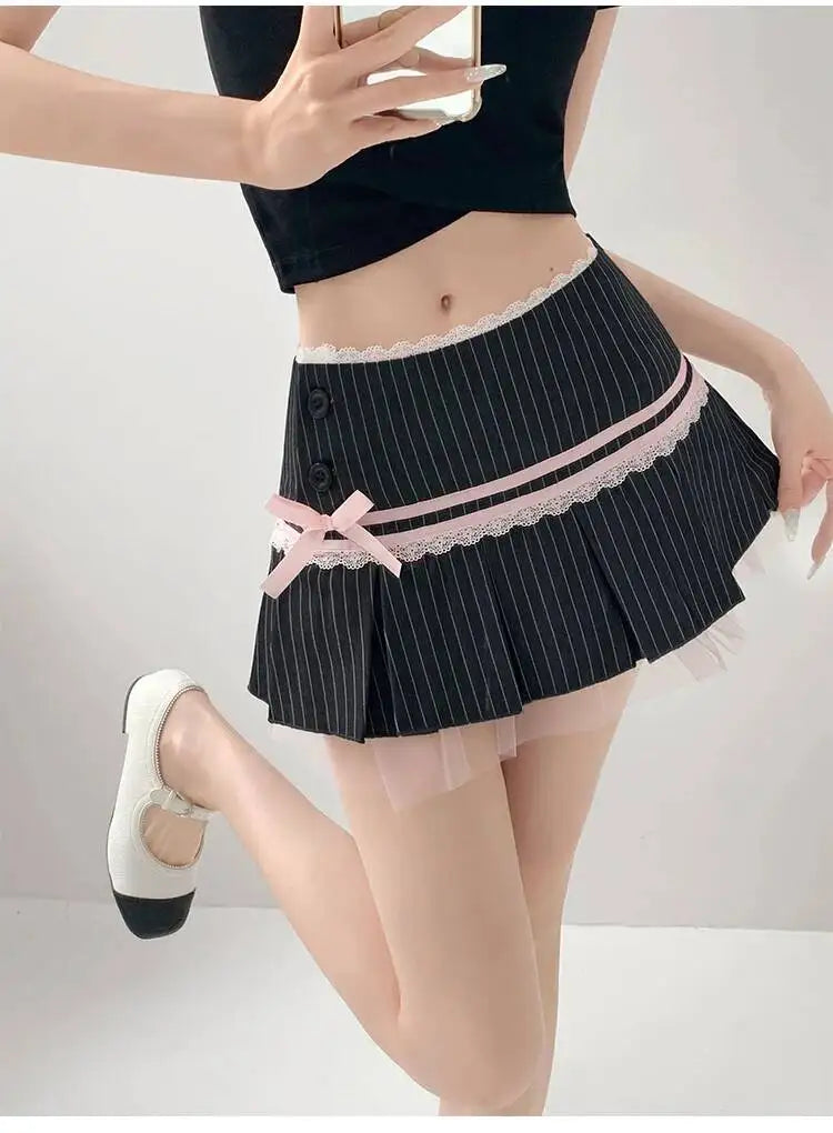Striped Contrasting Color Bow Lace Splicing Pleated Skirt Women 2026 Summer American Style Low WaistA-line Short Skirt UBFK