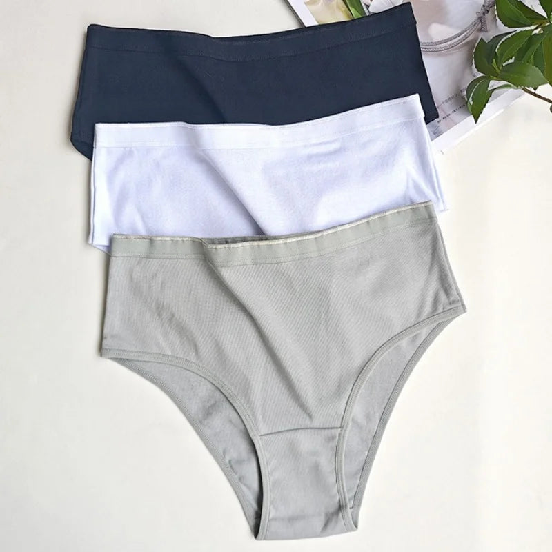3Pcs/Set Women Cotton Panties High Waist Soft Stretch Briefs Female Underpants Solid Color Comfort Underwear Sexy Lingerie S-L