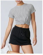 Women's Yoga Outfit Set Black Stripe Tennis Skirt Workout Clothes Short Sleeve O Neck Sports T Shirts Mini Skorts Fitness Sets