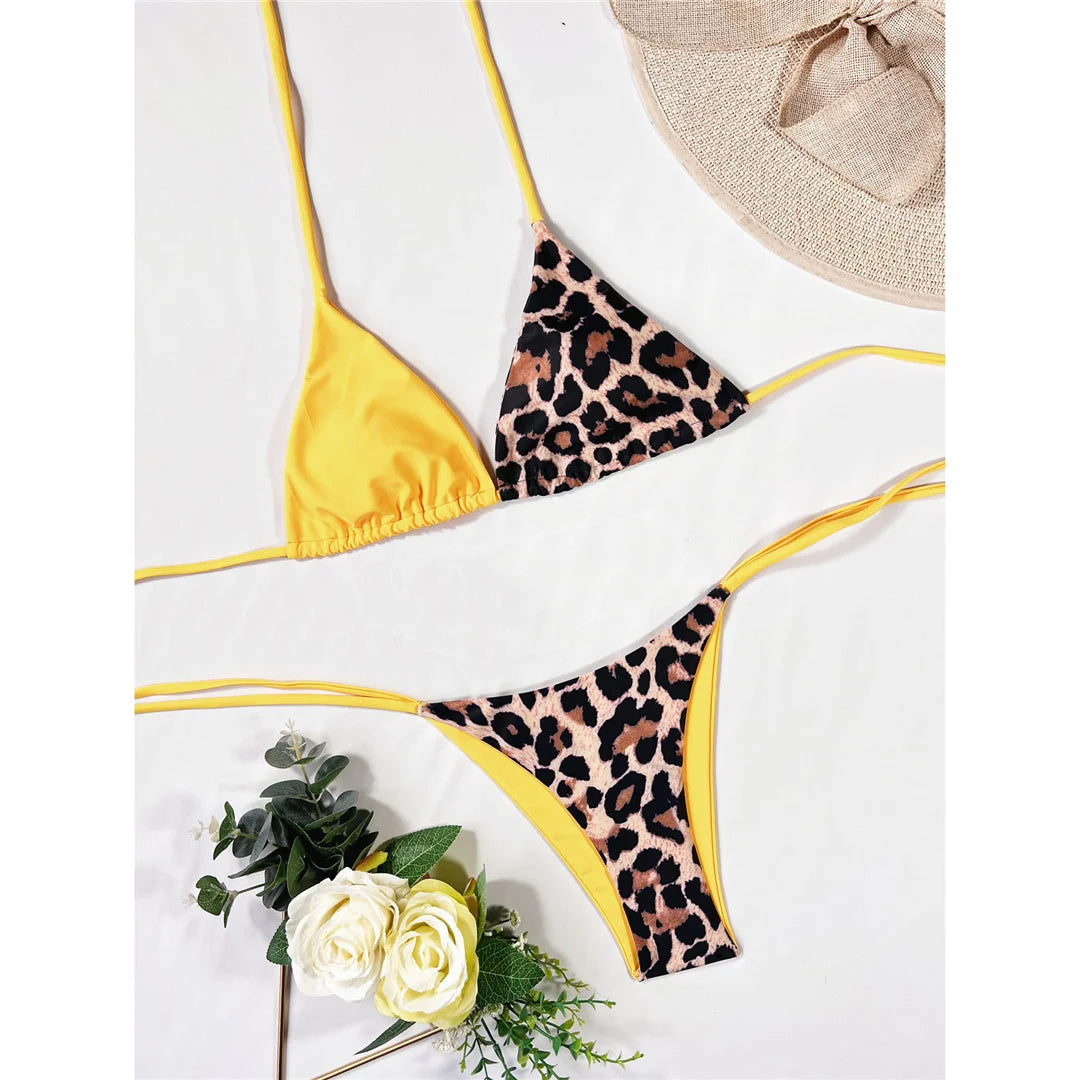 XS - L 8 Color Splicing Halter Leopard Bikini Female Swimsuit Women Swimwear Two-piece Bikini set Bather Bathing Suit Swim V3736