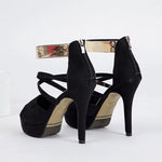 Women's Sexy Peep Toe Platform 12cm High Heel Sandals with Gold Metal Classic Ankle Strap Crisscross Stiletto Heel Party Shoes