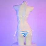 Summer PU Leather Micro Bra Bikini Set Swimsuit Stripes Bright Anime Swimwear Women Erotic Underwear Sexy Lingerie Costume