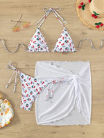 With Mesh Skirt Cherry Printed Bikini Female Swimsuit Women Swimwear Three Pieces Bikini Set Halter Bathing Suit Swim Beachwear