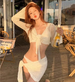 Sexy 4 Piece Lace Up Bikinis Set Women Swimsuit Solid Long Sleeve Cover Up with Skirt Swimwear New Push Up Bathing Suit Bikini