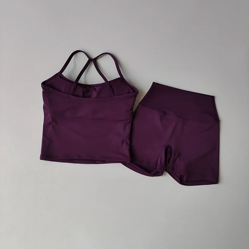 Women's Slim Shoulder Yoga Vest High Waisted Waist Hugging Naked Yoga Three Part Shorts Exercise Set Popular Fitness Clothing