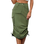 Womens Cargo Midi Skirt High Waist Multi Pocket Pencil Skirt Side Drawstring Ruched Split Hem Bodycon Summer Skirts Streetwear