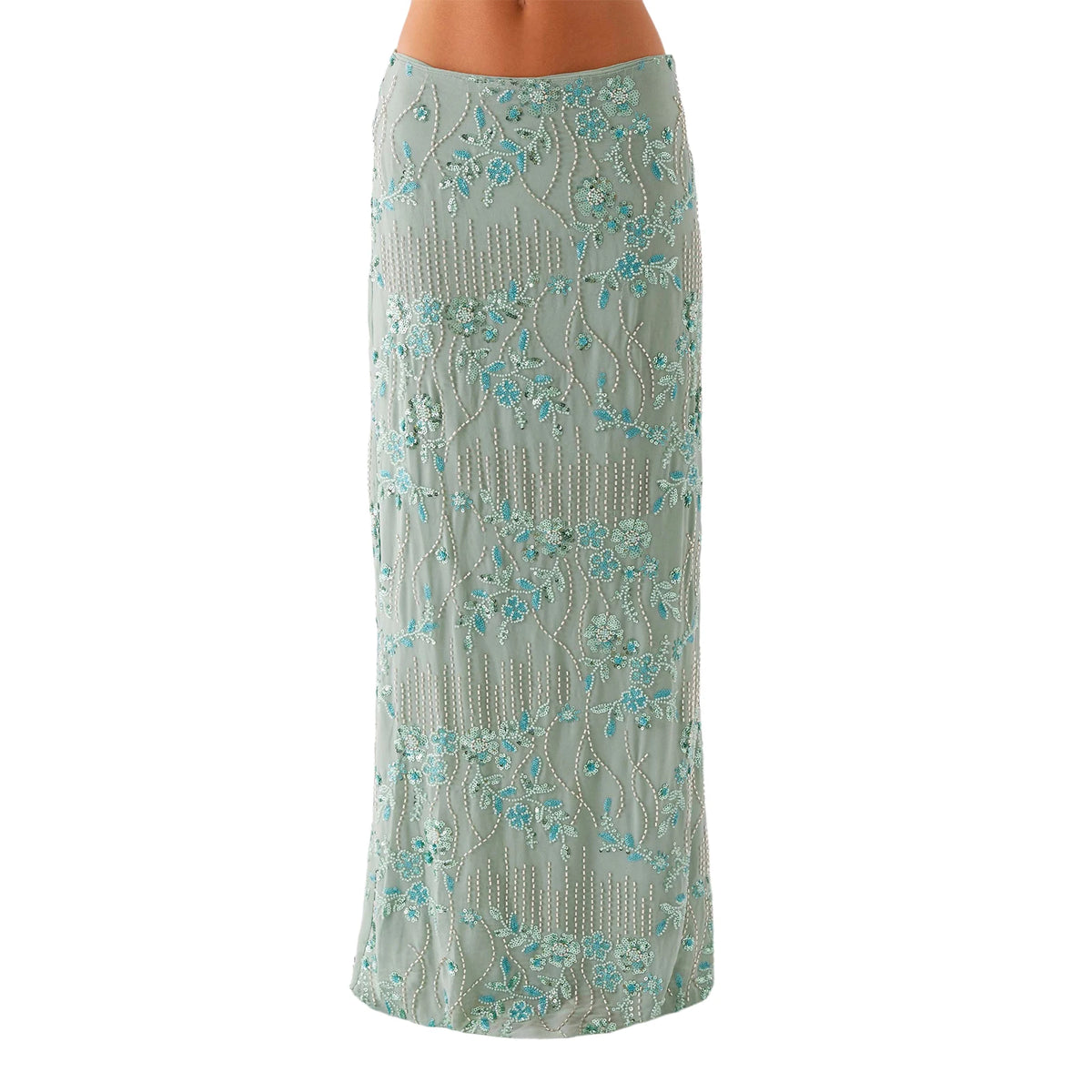 Women Summer Long Skirt for Beach Party Club Sequin Floral Embroidery Loose Fit Straight Skirt Casual Elegant Streetwear