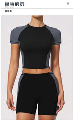 Summer New Yoga Sets Women Breathable Contrasting Color Short Sleeve Slim Sports T Shirts Training Running Shorts Fitness Suit