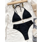 Sexy Halter Strappy Mid Waist Bikini Female Swimsuit Women Swimwear Two-pieces Bikini set Padded Bather Bathing Suit Swim V3635