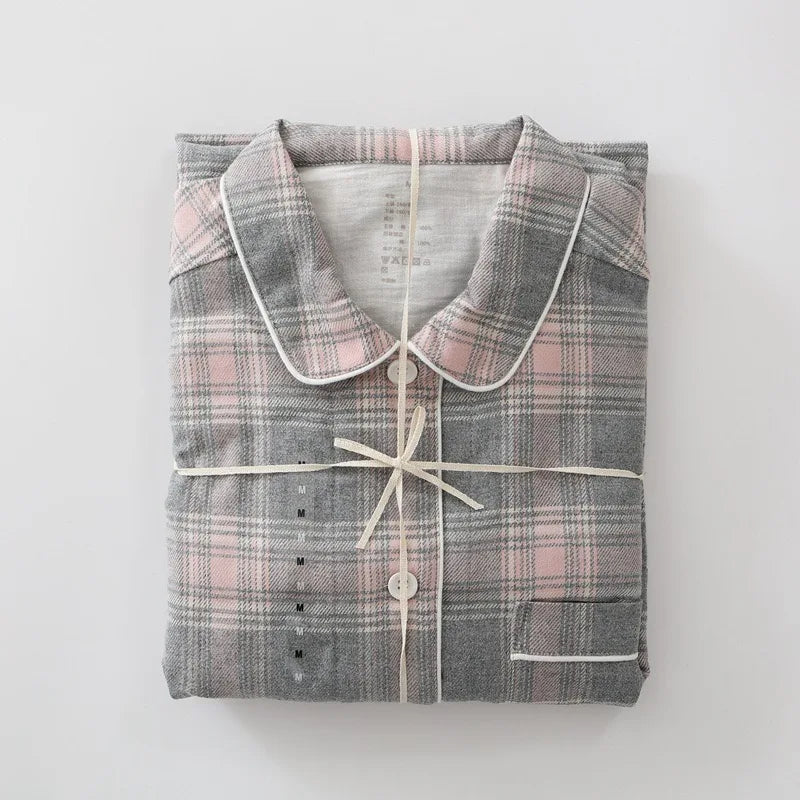 Men Brushed Cotton Vintage Plaid Stripe Pajama Set Lapel Collar Long Sleeve Top Pants Home Sleepwear Loungewear
