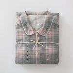 Men Brushed Cotton Vintage Plaid Stripe Pajama Set Lapel Collar Long Sleeve Top Pants Home Sleepwear Loungewear