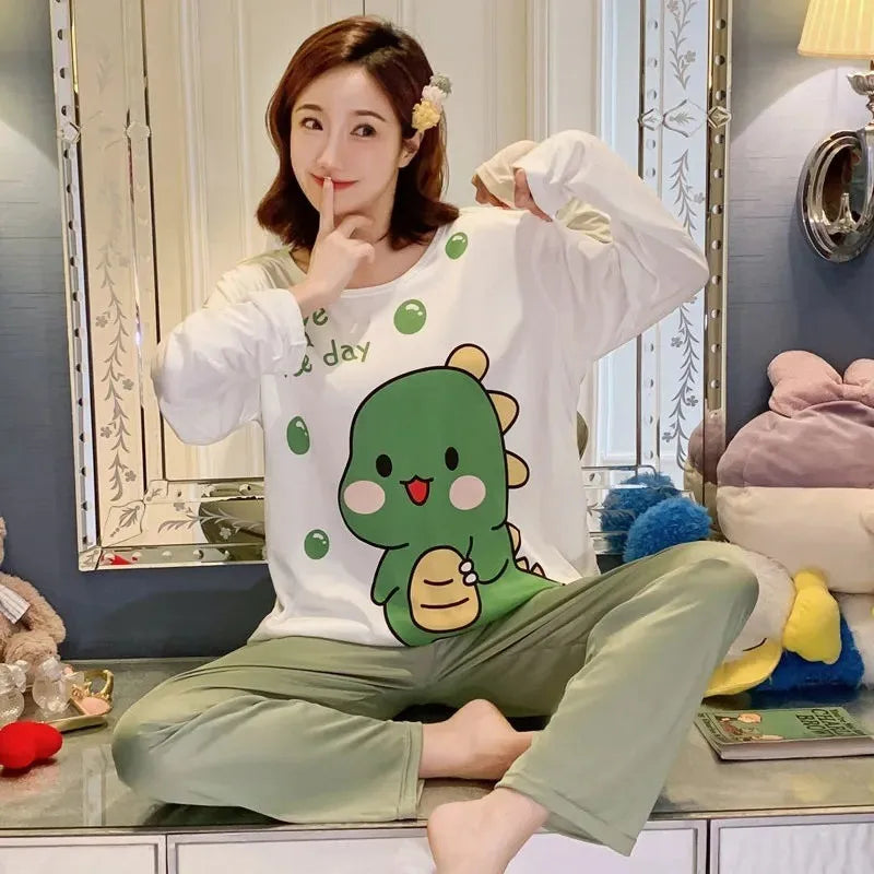 Cotton High Quality Large Size Ladies Autumn Winter Pajamas Women Pullover Long-Sleeved Cartoon School Homewear Green 2PCS/Set