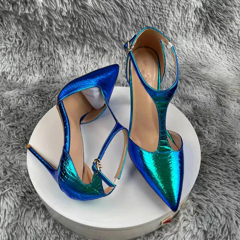Green Snake Print High Heels Hollow Design 12cm Stiletto Women's Fashion Shoes
