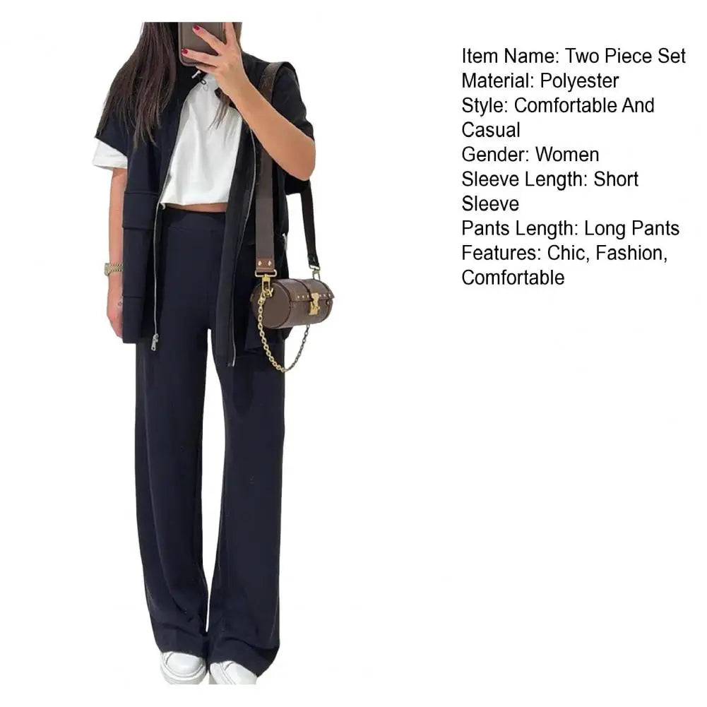 Women's Two Piece Outfit Casual Full Zip-up Short Sleeve Shirt And Wide Leg Pants Set Office Casual Lounge Tracksuit