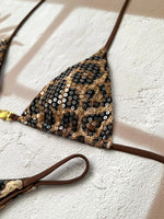 Shiny Sequin Coffee Leopard Print Bikini Set Women Halter Push Up Bra Triangle Swimsuit 2026 Beach Bathing Suit Holiday Swimwear