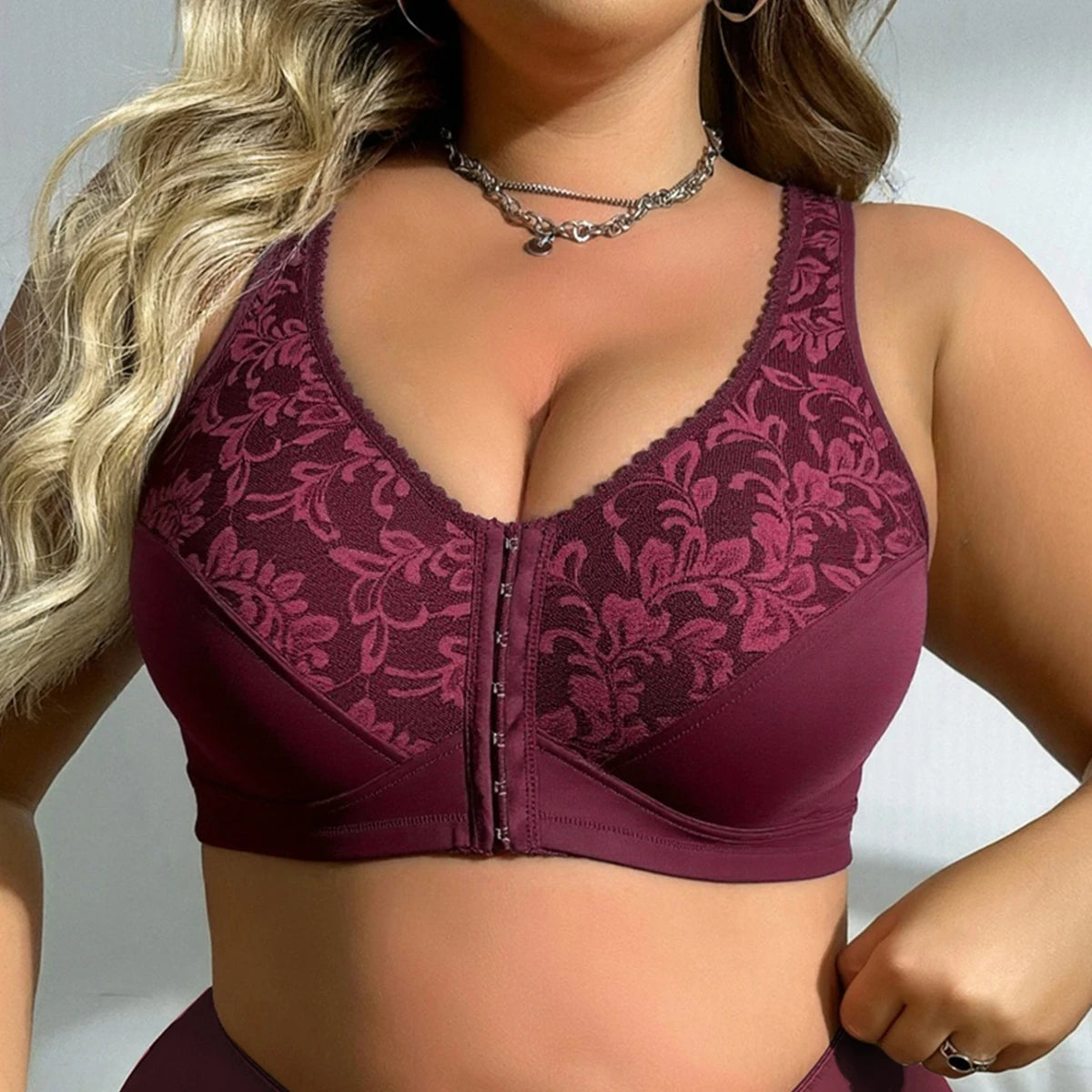 Plus Size Women Front Closure Floral Lace Bra Wireless Full Coverage Support Comfort Shape Vest Brassiere