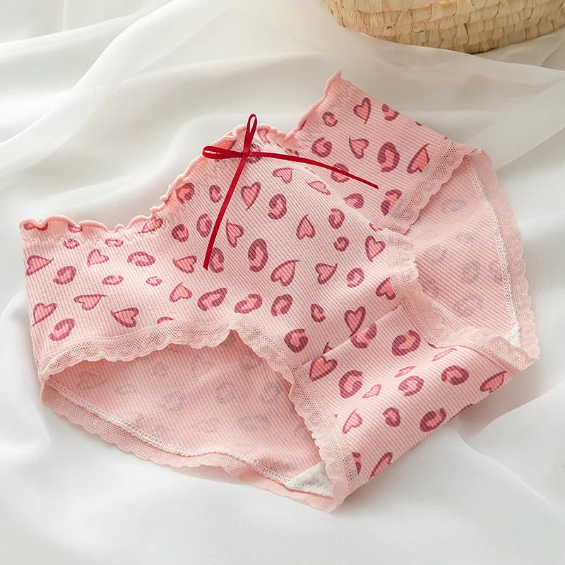 1-Pack Kawaii Bear Print Cotton Panties Women's Breathable Underwear Peach Blush Gingham Ruffled Briefs Low Rise Ladies Lingerie