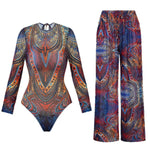 Colorful Printed Women One Piece Swimsuit Fashion Lady Long Sleeve Swimwear Retro Mujer Bodysuit with Pants Set Female Beachwear