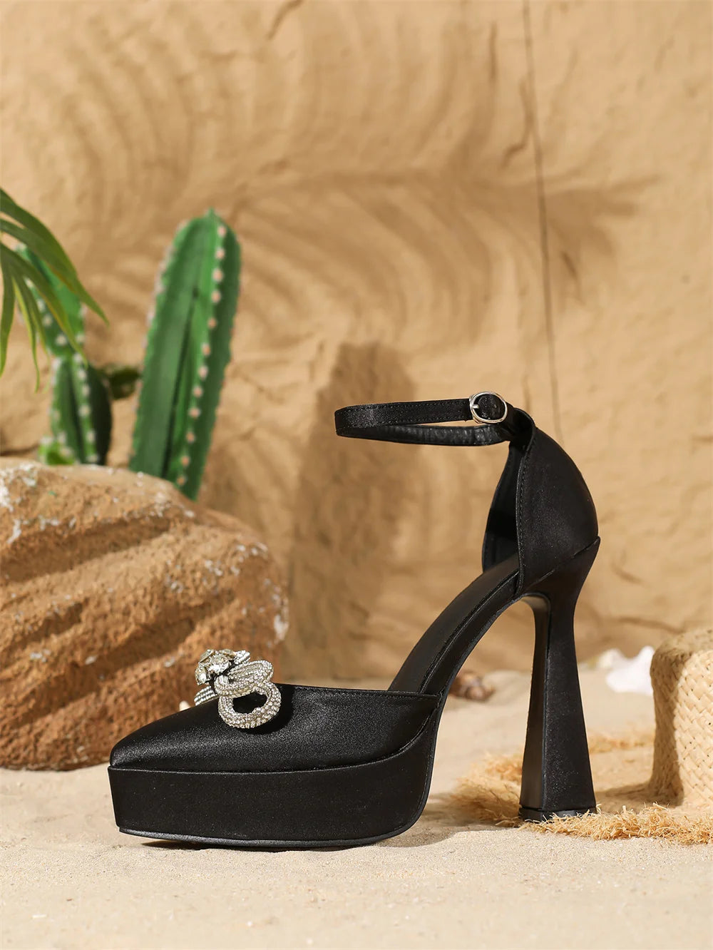 2026 Sexy Satin Black Super High Heels Sandals Women Summer Crystal Bow Tie Ankle Strap Dress Party Shoes Platform Sandals