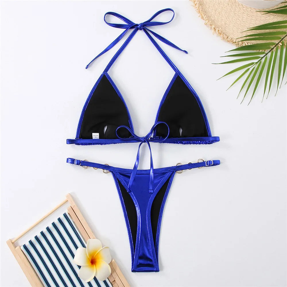 Shiny Red String Halter Triangle Micro Bikinis Sets Sexy Swimsuit Women Thong Bathing Suit Lace-up Bikini 2026 Mujer Biqiunis