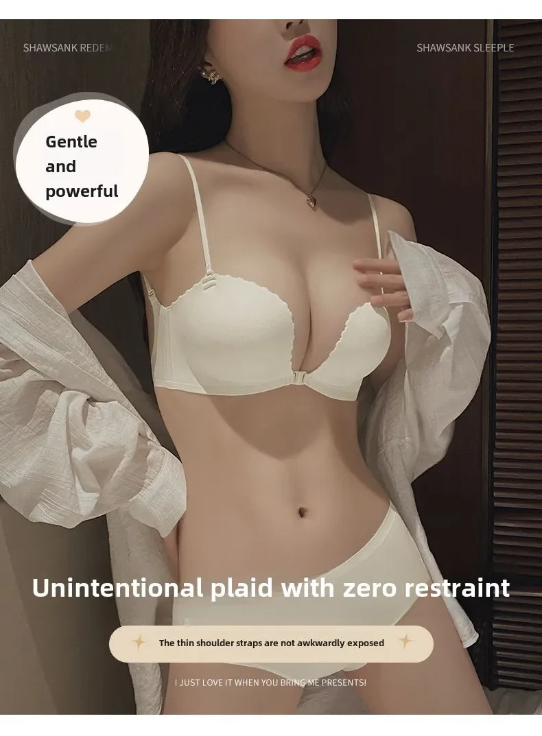 Front Button Underwear Women's Small Chest Pull Up To Show Large Summer Thin Collection Breast Anti-sag White Thin Strap Bra
