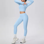 New Women Yoga Set Solid Color Double-Sided Brushed Bare Feel Short Long-Sleeve Jacket Tight Pants Running Fitness 2-Piece Set