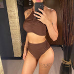 Halter Wrinkled High Neck Female Swimsuit High Waist Bikini Women Swimwear Two-pieces Bikini Set Bather Bathing Suit Swim V5616