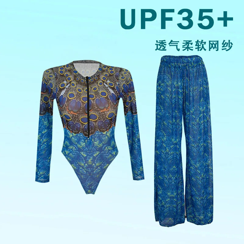 2026 Printed Long Sleeve with Long Pants Sexy One Piece Swimsuit Women Swimwear Female Flowers Padded Bather Bathing Suit Swim
