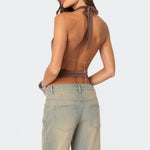 Women's Solid Color Cropped Halter Neck Cami Tops Sleeveless Open Back Deep V Neck Slim Fit Tank Tops