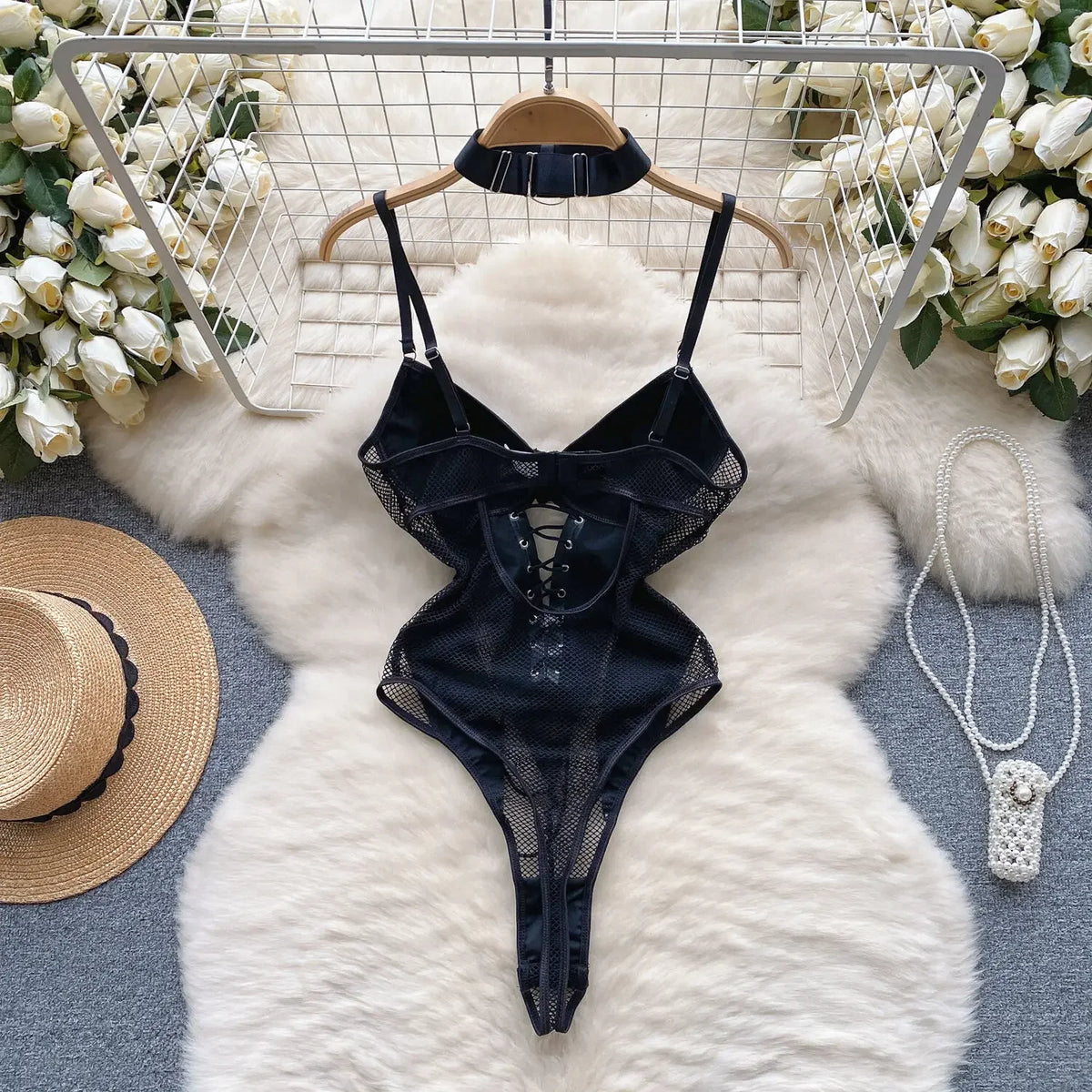 Foamlina Women's PU Leather Patchwork Mesh Bodysuit Sexy Hollow Out Slim Fit Lace Up Bandage Club Party Body Suit Woman Clothes