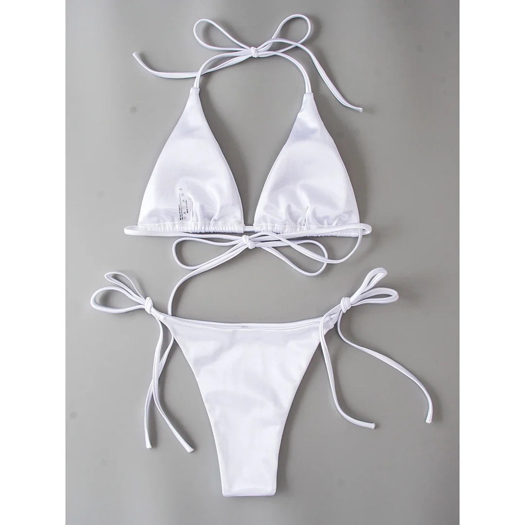 Sexy Satin Halter Brazilian Padded Bikini Female Swimsuit Women Swimwear Two-Pieces Bikini Set Bather Bathing Suit Swim V4966S