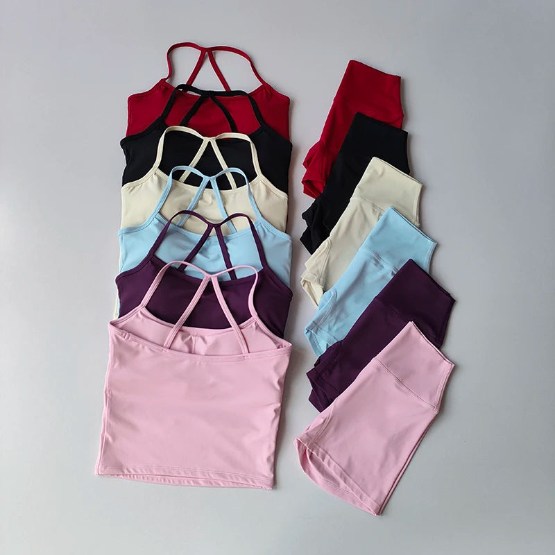Women's Slim Shoulder Yoga Vest High Waisted Waist Hugging Naked Yoga Three Part Shorts Exercise Set Popular Fitness Clothing